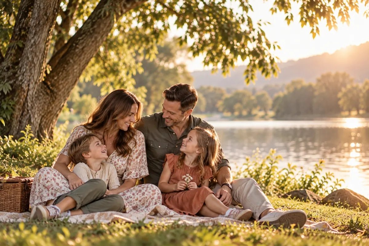 Family enjoying a picnic by the lake – Sanotis Pharma, committed to care