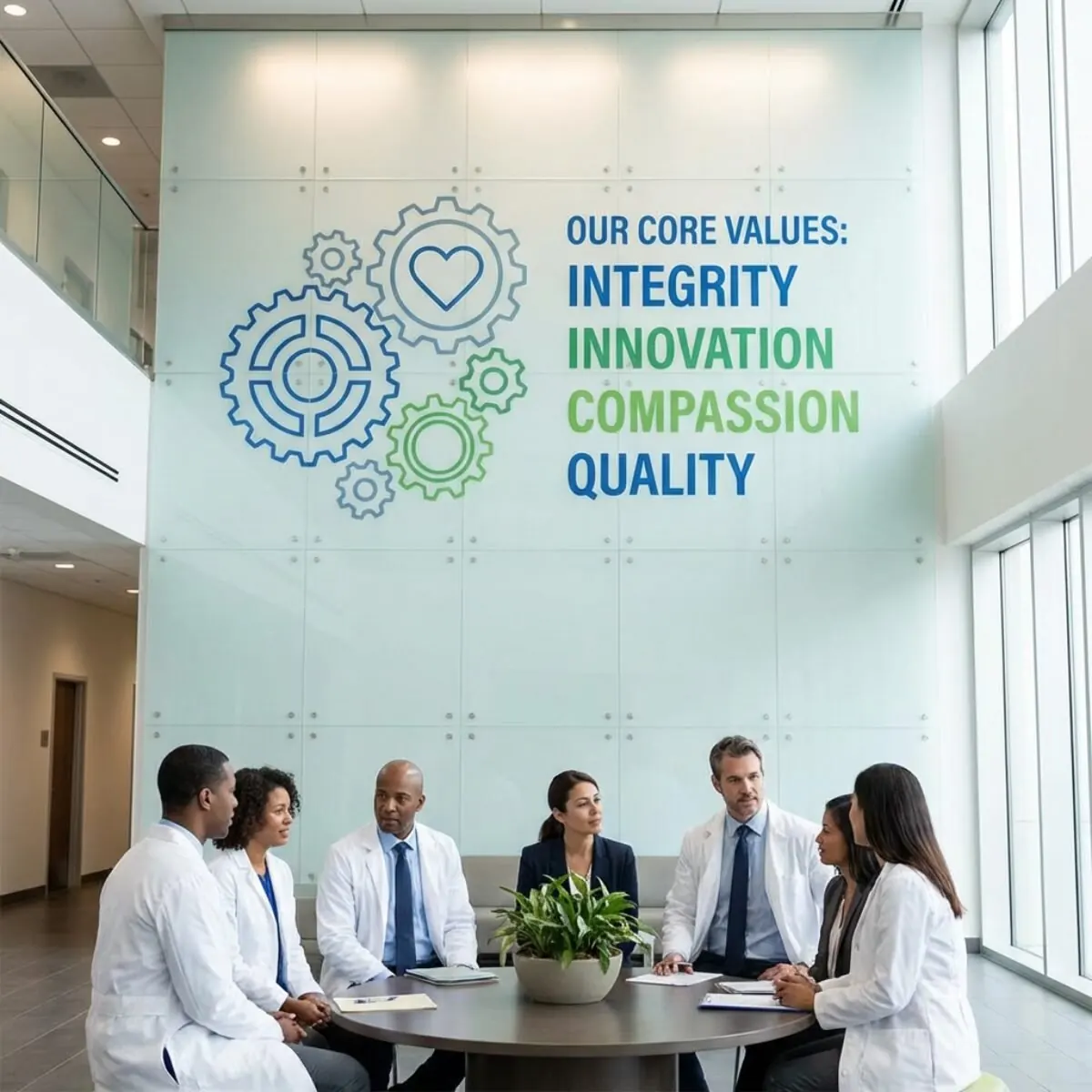 Sanotis Pharma team meeting under core values: integrity, innovation, compassion, quality